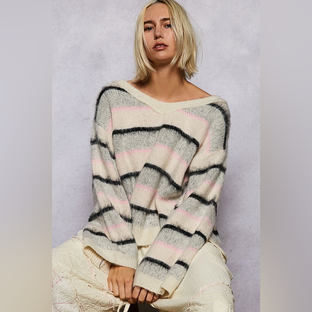 ❄️ POL “ Malibu Stripes “ Cozy V Neck Sweater | Neutral Stripes - Picture 2 of 6